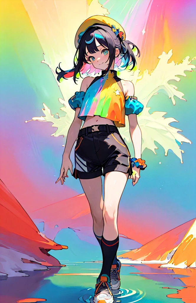 (((best quality)), ((ultra detailed)), ((masterpiece)), illustration,(oasis),(lakes),(detailed clear background),(clear background),(detailed light),lighting,(clear sky),night,stars,starry sky,moon light,(detailed clear water-drop:1.1),(ripple:1.1),(lake:1.1),((Colorful aurora)),
1girl, solo, ((full body)),(detailed face), highest details, medium hair, messy hair, watery eyes, two-tone hair, gradient hair, multicolored scrunchie black cropped jacket,Complex headwear,bare shoulders, cutout above navel, detached sleeves, puffy short sleeves, black shorts, black belt, over-kneehighs, sneakers, arms at sides, Walking slowly on the water,head tilt, light smile,light rays, (high contrast),(((Colored paint background)))
