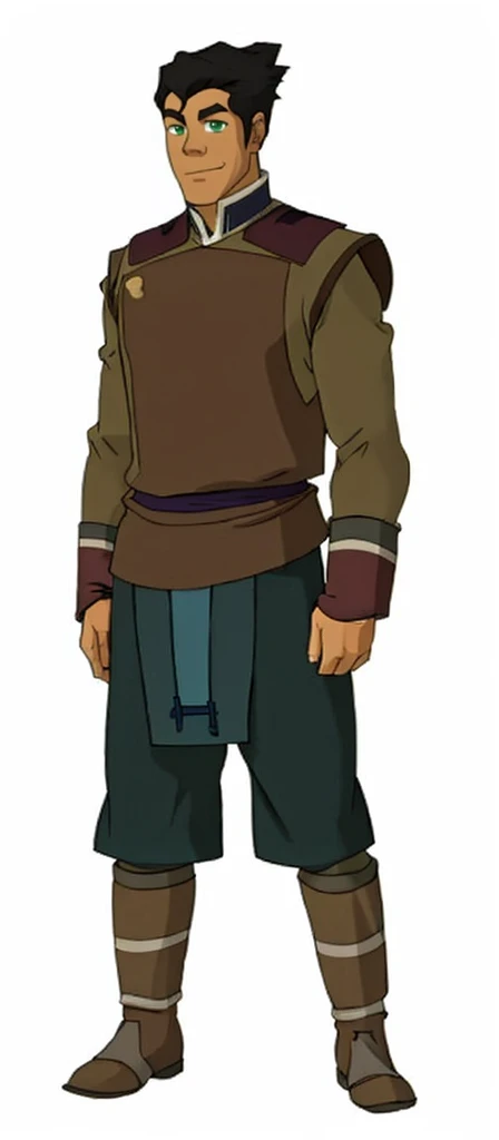 African-American, Bolin, water tribe traditional clothing mixed of blue and purple, with fur in shoulders and neck. Long sleeve, skinny, water tribe outfit. The character is wearing a blue, short-sleeved tunic with gold trim and fastenings down the front and fur collar, and fur on the shoulders. He has on dark purple pants tucked into knee-high boots. A green sash is tied around his waist. The overall style appears to be inspired by traditional East Asian clothing designs.