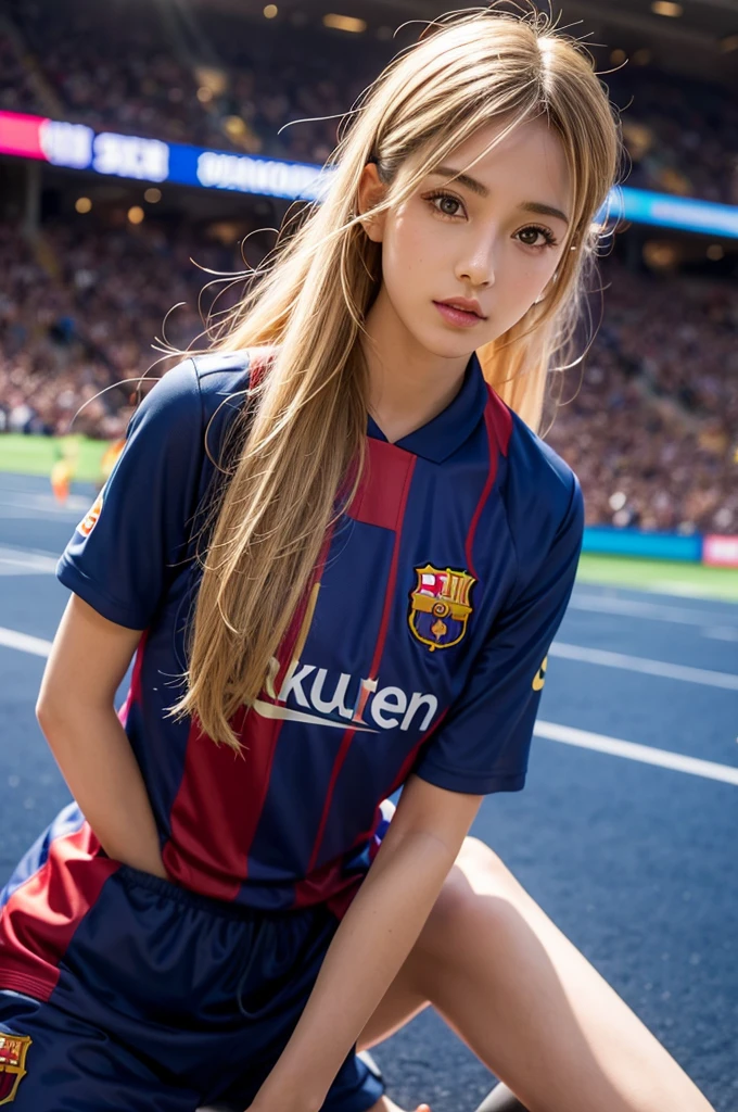 {{{FCBarcelona}}}, {{nike soccer jerseys}}, {{{best quality}}}, {{{realistic}}}, {{{Detailed facial description}}}, realistic 눈동자, blonde long hair, {{beautiful western beauty}}, female, realistic 유니폼 주름, {{{Barcelona}}, {{{soccer stadium}}}, Sponsor's name is Rakuten, {{{busty}}}, {{{uniform is wet}}}, {{{Nipples are shining}}}, {{{sexy pose}}}, The whole body is visible, missing bottoms