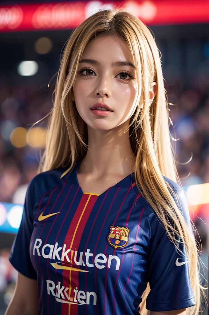 {{{FCBarcelona}}}, {{nike soccer jerseys}}, {{{best quality}}}, {{{realistic}}}, {{{Detailed facial description}}}, realistic 눈동자, blonde long hair, {{beautiful western beauty}}, female, realistic 유니폼 주름, {{{Barcelona}}, {{{soccer stadium}}}, Sponsor's name is Rakuten, {{{busty}}}, {{{uniform is wet}}}, {{{Nipples are shining}}}, {{{sexy pose}}}, The whole body is visible, missing bottoms
