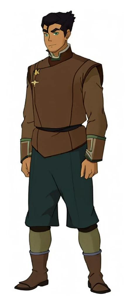 African-American, Bolin, water tribe traditional clothing mixed of blue and purple, with fur in shoulders and neck. Long sleeve, skinny, water tribe outfit. The character is wearing a blue, short-sleeved tunic with gold trim and fastenings down the front and fur collar, and fur on the shoulders. He has on dark purple pants tucked into knee-high boots. A green sash is tied around his waist. The overall style appears to be inspired by traditional East Asian clothing designs.
