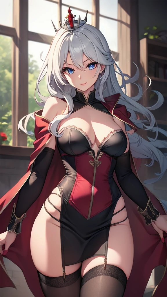 masterpiece, best quality, solo girl, silver hair, blue eyes, long hair, medium breasts, sexy body and face, wavy hair, smile, parted lips, red lips, ribbon, crown of thorns, thorns, (red cape, dress flower), detached sleeves, hair flower, hair ornament, long sleeves, black corset, long skirt, red dress, rose, strapless dress, long skirt, thighhighs, thighlet, red nails, dress flower, black thighhighs, mksks style, beautiful background, orchestra, indoors, sexy pose, cowboy shots, sharp focus, ultra-detailed body, face, and eyes, vibrant, creative, dynamic, high definition, high resolution, 8k, (Upscale: R-ESRGAN 4x+ Anime6mage enchance:4x), voluptuous body, cinema lighting, looking at the viewer, (realistic:1.4), (beautiful detailed face, beautiful detailed eyes, volumetric lighting), 