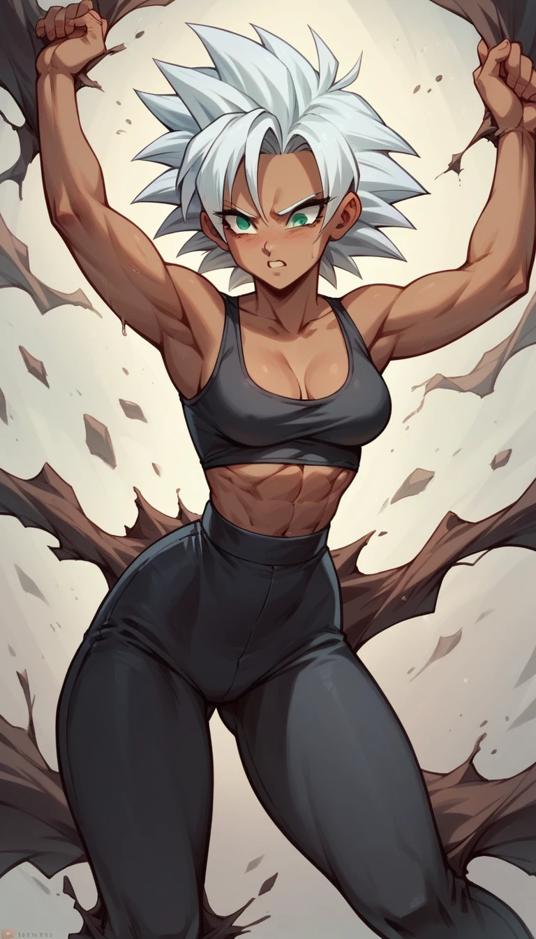 a girl, Saiyan, white hair stuck back, green eyes,slim, thin waist, wide hips, brown skin color, medium breasts, black clothes glued to the body, sensual positions.
