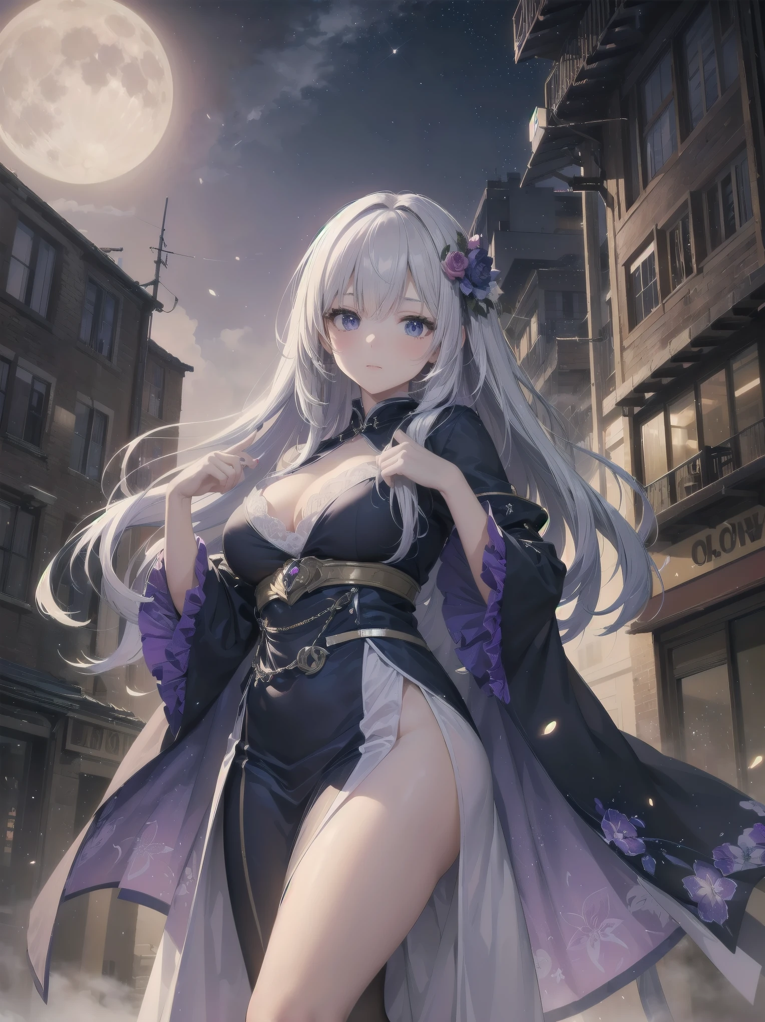 masterpiece, 8k, Highest quality, Very detailed, Purple & A beautiful girl in a blue magical robe with a moon motif、Close-up on the characters、(building, city、A dense fog of fluorescent particles、１８００Era、Western style、Fiction、grow、Overwhelming、Detailed street）、A pretty woman with a beautiful background and a lovely pose