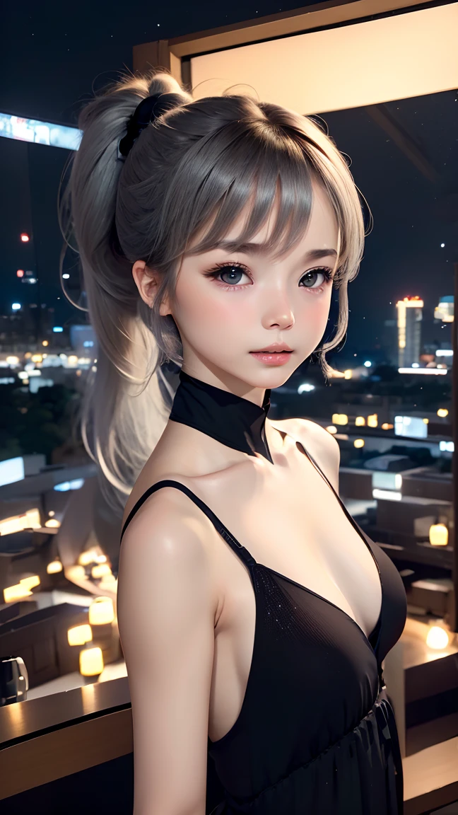 One Girl、From below, (whole body, Are standing), シングル編み込みの茶髪のponytail, Parted bangs, grey hair、Attractive eyes、Shortcuts、ponytail、Fuller lips、Camisole dress、Beautiful Skin、Small breasts、Small breasts、at night、A spectacular night view as a backdrop、You can see the night view in the distance、RAW Photos、Highest quality、ultra High resolution、High resolution、masterpiece:1.3、8k、Professional Photographer