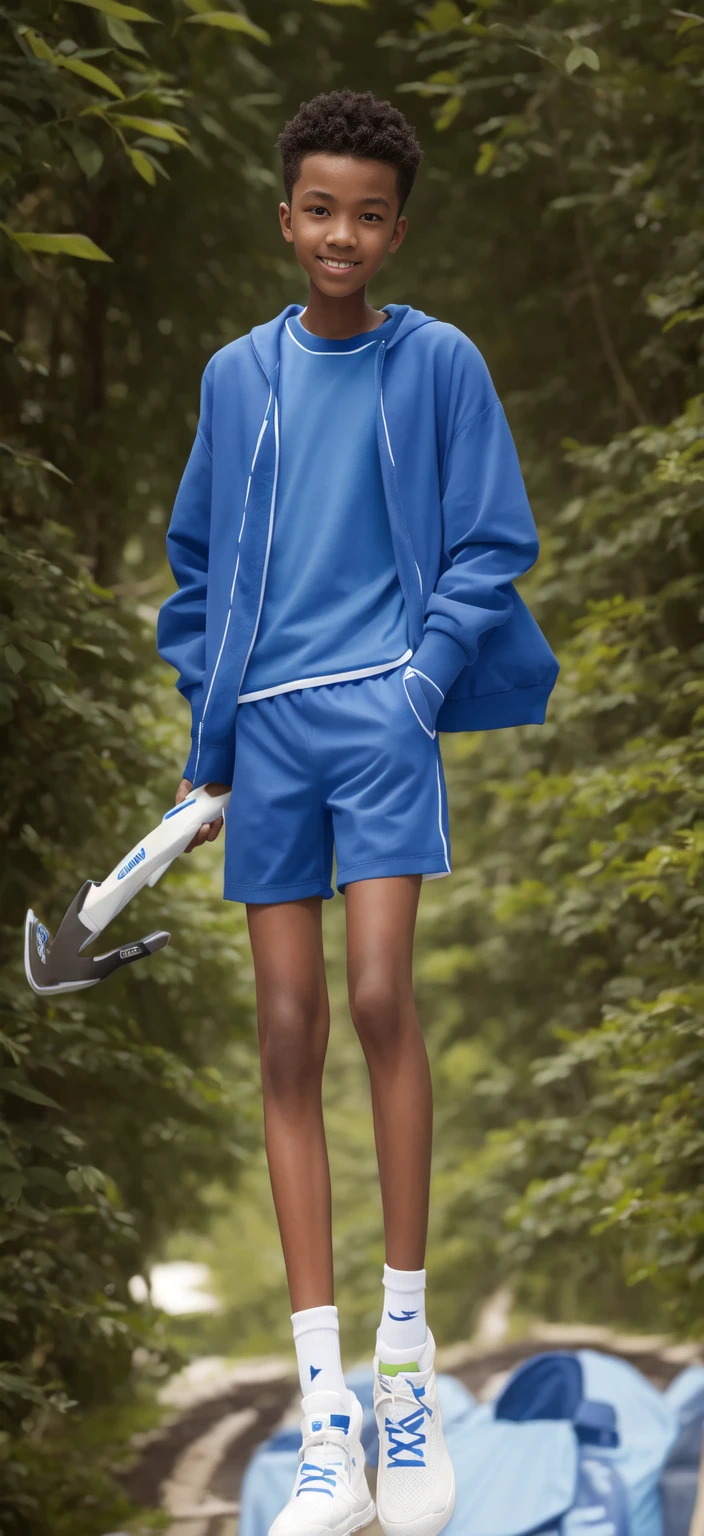  boy，（Wearing white tennis clothes，Wearing green socks），Dark skin，Big round eyes，Very short hair，Tall and skinny，Toothy Smile，Sharpen details，Knee muscle lines，Blue Background，Axe in hand