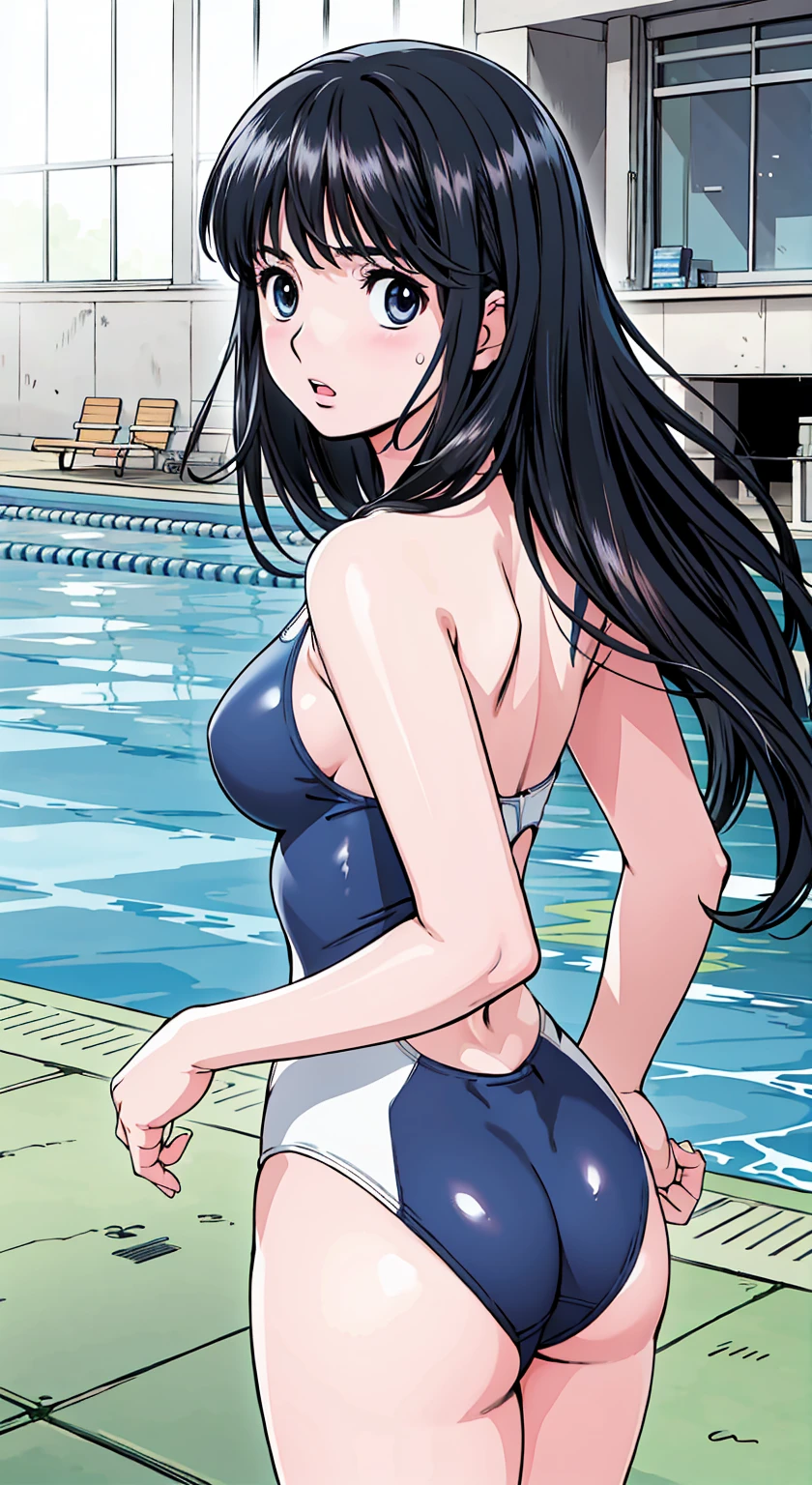 (Semi-long hair)、Navy blue competitive swimwear、(Highest quality:1.3)、One girl、(((Semi-long hair)))、Cowboy Shot、At the school pool、Naked butt、Big Ass、Sweat、masterpiece, Highest quality, High resolution, 超High resolution, RTTX 10.0, Pixel perfect, Written boundary depth, 4K, Very detailed、Embarrassed expression、Browsing Caution、Open navy blue swimsuit、