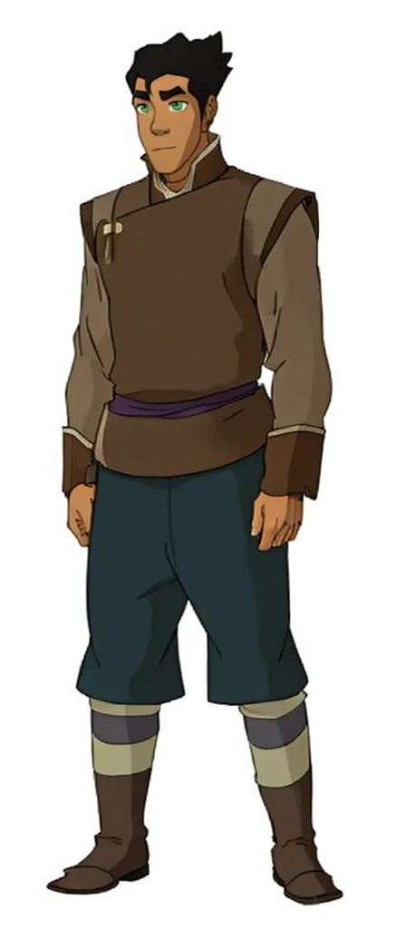 African-American, Bolin, water tribe traditional clothing mixed of blue and purple, with fur in shoulders and neck. Long sleeve, skinny, water tribe outfit. The character is wearing a blue, short-sleeved tunic with gold trim and fastenings down the front and fur collar, and fur on the shoulders. He has on dark purple pants tucked into knee-high boots. A green sash is tied around his waist. The overall style appears to be inspired by traditional East Asian clothing designs.