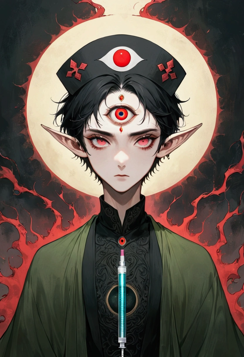 Art Illustration，Dark Style，(((1 Boy，独奏，third eye on the forehead，Elf ears))),(((Gorgeous Japanese red kimono：1.6，Eye Diagram，Dark Pattern))).(((Thin waist，Greenbelt：1.37)))