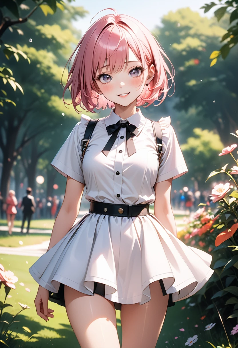 ((Idol singer costumes)), ((miniskirts)), ((Gloss Outfit)), skinny, solo, 1 woman, Masterpiece, highest quality, highest quality, 16K, incredibly absurd, highly detailed, 2.5D, ai-generated, delicate and dynamic, very delicate facial expressions, delicate eye depiction, erotic, only sexy woman, ((A cute and kind face)), healthy figure, ((25-year-old woman)), 160cm tall, medium firm swaying bust, (short hair), (pink hair:1.5), bob cut, black eye, blush, Sweat,Embarrassed,sexy, ((thin thighs)), ((shiny and lustrous)), facing straight at viewer, smile, (standing), cowboy shot, ((arm at side)), Large park, daytime, bright, on the grass, ((Pop colour outfit)),