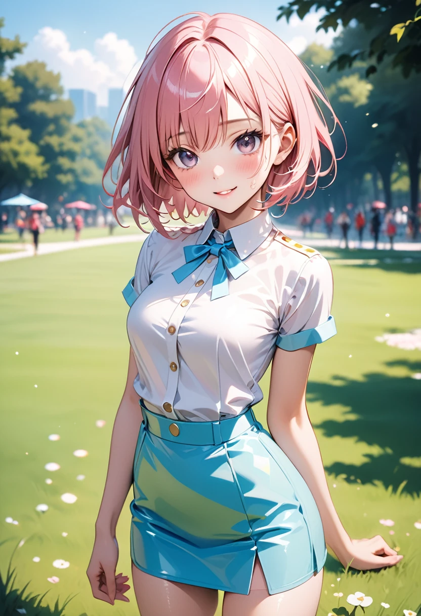 ((Idol singer costumes)), ((miniskirts)), ((Gloss Outfit)), skinny, solo, 1 woman, Masterpiece, highest quality, highest quality, 16K, incredibly absurd, highly detailed, 2.5D, ai-generated, delicate and dynamic, very delicate facial expressions, delicate eye depiction, erotic, only sexy woman, ((A cute and kind face)), healthy figure, ((25-year-old woman)), 160cm tall, medium firm swaying bust, (short hair), (pink hair:1.5), bob cut, black eye, blush, Sweat,Embarrassed,sexy, ((thin thighs)), ((shiny and lustrous)), facing straight at viewer, smile, (standing), cowboy shot, ((arm at side)), Large park, daytime, bright, on the grass, ((Pop colour outfit)),