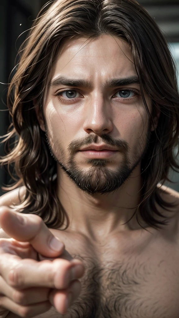  "Create an image of a man who looks like Jesus Christ, with short hair, barba, and a serious expression. It must be pointing directly at the camera. Use natural and soft tones, focusing on the face and pointing hand to create a deep emotional impact.