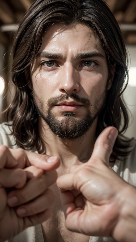 "Create an image of a man who looks like Jesus Christ, with short hair, barba, and a serious expression. It must be pointing directly at the camera. Use natural and soft tones, focusing on the face and pointing hand to create a deep emotional impact.
