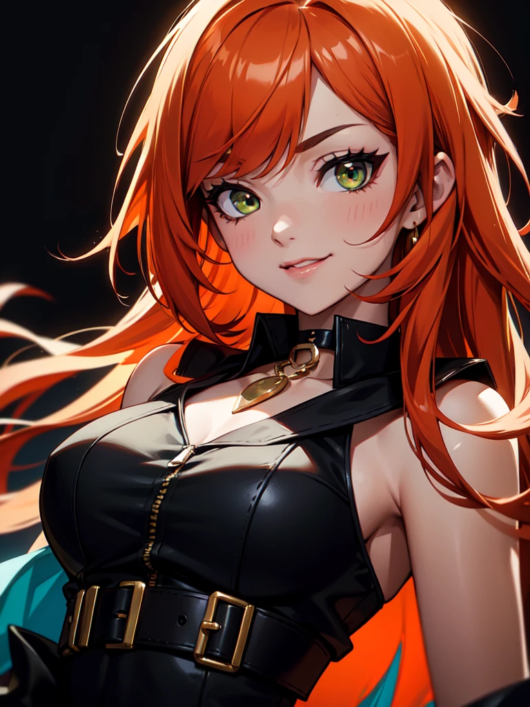 long orange hair, green eyes, large cleavage, pale skin, face closeup, glam makeup, smile, wink, red lipstick