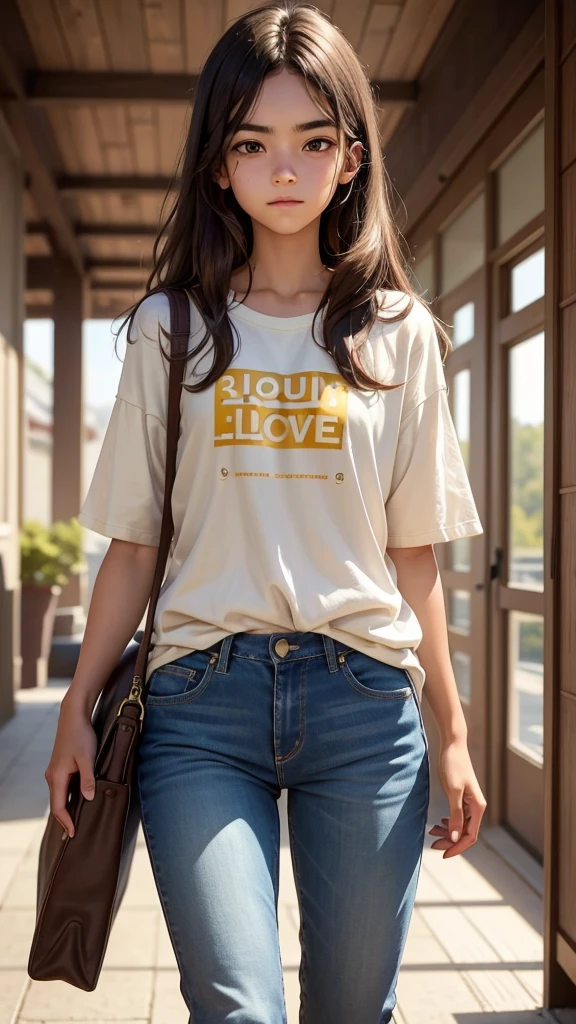 A -yeld botudent of average height (approximately 172 cm) with medium long dark brown hair. Her eyes are light brown like honey and, when he uses his powers, they shine with a faint glow. Wear casual and comfortable clothing: jeans and t-shirts in neutral and light colors. The expression on his face is relaxed and friendly., transmitting a feeling of confidence and serenity.