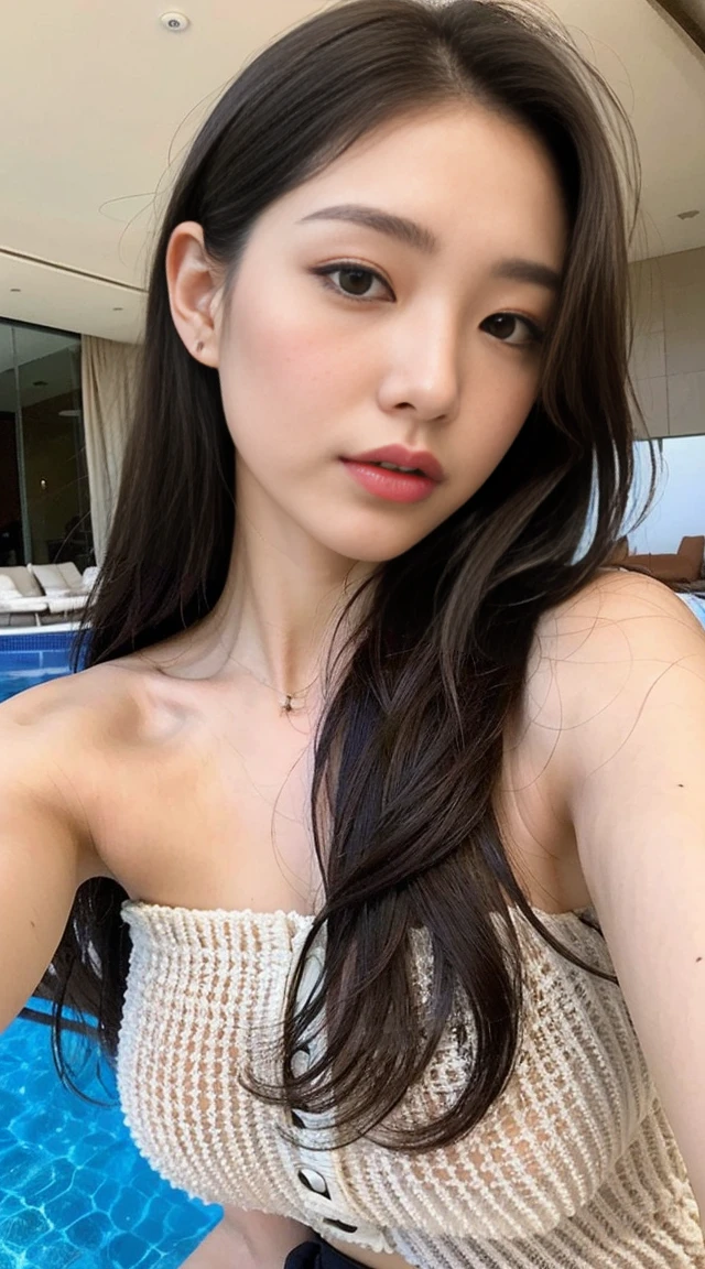 Dark brown hair、Light brown eyes、Japanese actress、 Lady、I am about 40 years old...、(Intricate details:1.2)、(Which is the top???:1.4)、 (Ultra-high resolution:1.2)、Ultra-high resolution、(Finely tuned)、(Detailed facial features)、Hmph、8K resolution、D cup size breasts、Hair length、By the pool、Venice hotel pool、Venice hotel pool、Sitting on a beach bed iBy the pool、You can see the pool in the back、Extravagant space、relax、T-Shirts、濡れたT-Shirts、Water Drop,Full body photo、Head to toe shot、lying on a beach bed、Photographed while lying on a beach bed、Lie down with your butt up、Accentuate your breasts、Gentle expression、