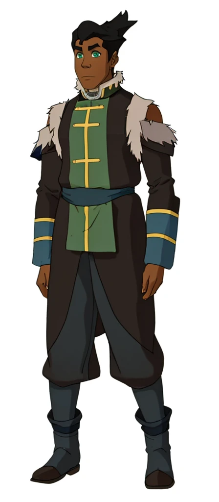 African-American, Bolin, water tribe traditional clothing mixed of blue and purple, with fur in shoulders and neck. Long sleeve, skinny, water tribe outfit. The character is wearing a blue, short-sleeved tunic with gold trim and fastenings down the front and fur collar, and fur on the shoulders. He has on dark purple pants tucked into knee-high boots. A green sash is tied around his waist. The overall style appears to be inspired by traditional East Asian clothing designs.