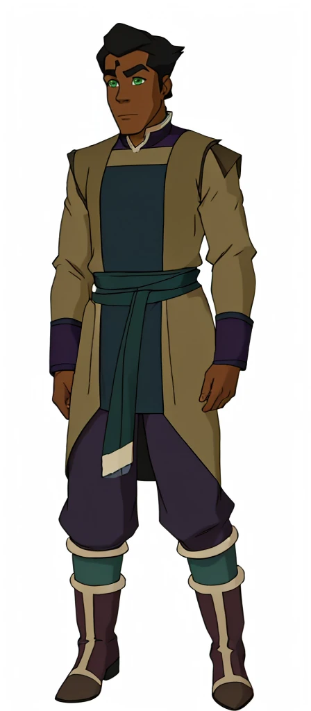 African-American, Bolin, water tribe traditional clothing mixed of blue and purple, with fur in shoulders and neck. Long sleeve, skinny, water tribe outfit. The character is wearing a blue, short-sleeved tunic with gold trim and fastenings down the front and fur collar, and fur on the shoulders. He has on dark purple pants tucked into knee-high boots. A green sash is tied around his waist. The overall style appears to be inspired by traditional East Asian clothing designs.