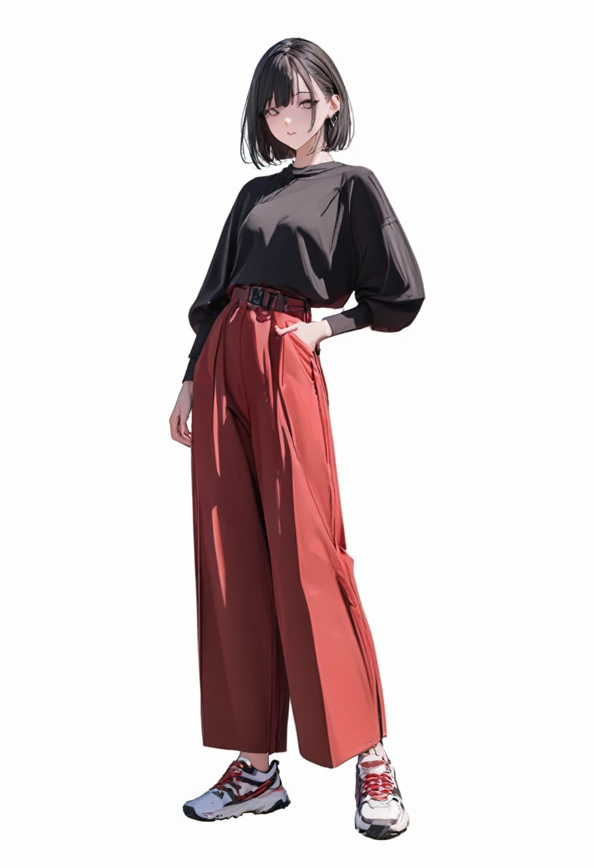 (Best, highest quality: 1.2, 8K), center, full body, 20s, 1 adult female, black shirt, red wide pants, simple sneakers, simple background, white background, eyes open, delicate eyes, beautiful eyes ,
