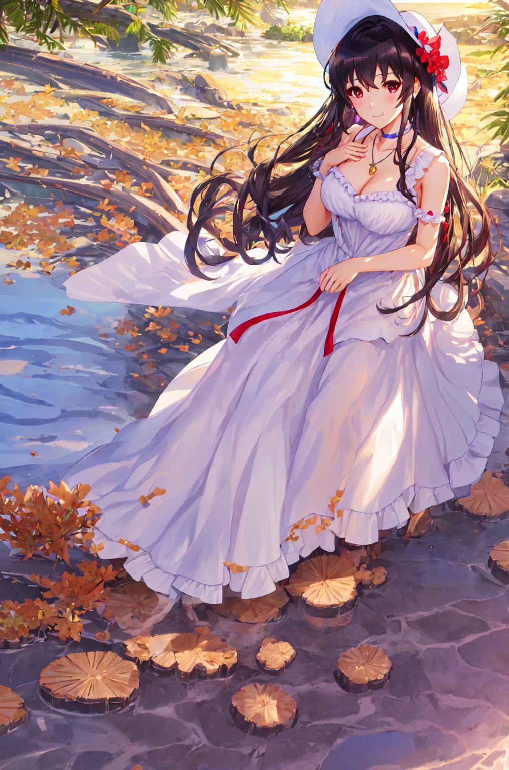 best quality, masterpiece,  ph utaha, 1girl, solo, hat, jewelry, long hair, dress, smile, wrist scrunchie, breasts, sun hat, necklace, choker, white background, simple background, red eyes, scrunchie, white headwear, cleavage, black hair, white dress, sleeveless, ribbon, blush, hands on headwear, pendant, medium breasts, sleeveless dress, purple hair, brown eyes, collarbone, large breasts, bare shoulders, bangs
