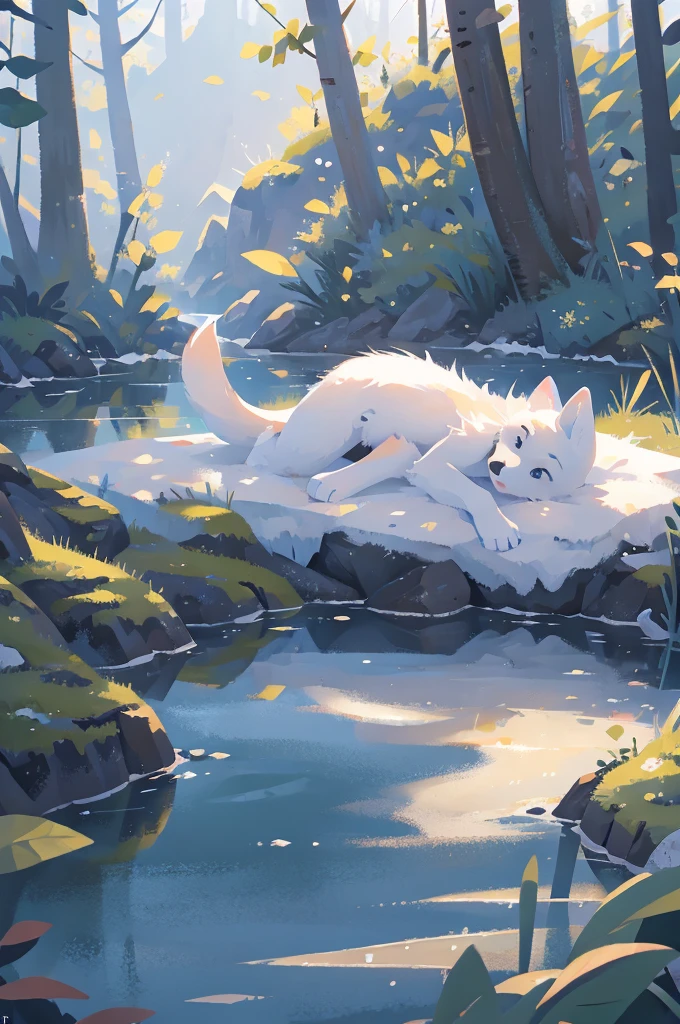 A cute arctic fox lying next to a young naked boy, detailed portrait, hyper-realistic, 8k, natural lighting, highly detailed, cinematic composition, mesmerizing colors, serene atmosphere, beautiful wildlife, criança
