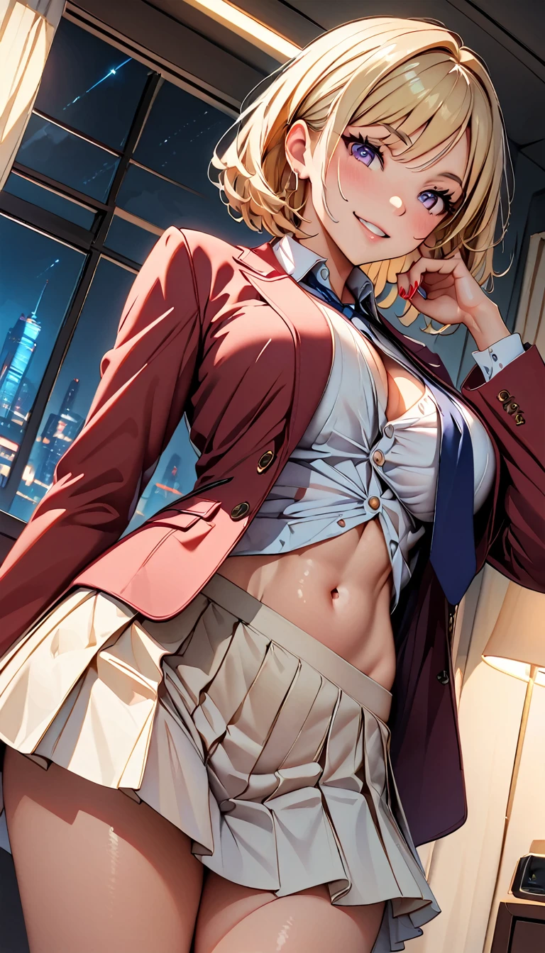 (Highest quality:1.2, High detail, masterpiece:1.2, Best aesthetics), (1 Girl), Cowboy Shot,red jacket,white shirt,white miniskirt,black long socks,brown heels,blue tie,Kushida kikyou, Beautiful detailed eyes, Beautiful detailed lips, Highly detailed face, Detailed Fashion, elegant, luxury, High quality fabric, Shine, Shine, smile, Random Pause, Dutch Angle, bedroom, night, Dramatic lighting, Cinematic, Bright colors, Intricate details, Chiaroscuro lighting.,large breasts ,blonde hair, light purple eyes,red nails,finger in mouth,phone close to ear,lift her jacket a little to show her abs,abs,show her stomach,lift her shirt,lift her clothing to show stomach 