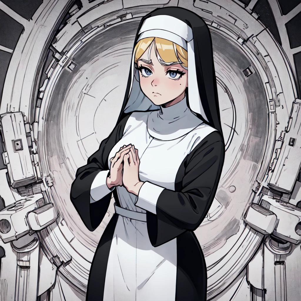 a drawing of a nun with her hands folded in prayer, perfect lineart, clean anime outlines, clean lineart, billie eilish as a nun, extremely fine ink lineart, nun outfit, billie eilish as a sad nun, simple lineart, beautiful line art, thick black lineart, nun, thick lineart, anime style drawing