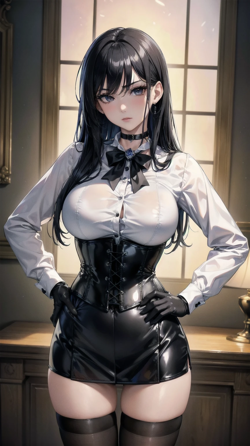 Masterpiece, Superior image quality, high resolution, 4k image,photo and gross, photorealistic, whole body, ung teenl, short stature, standing, hands on the hips, {{{vagina}}}, big breasts, beautiful face, long black hair, black eyes, very detailed eyes, pink cheeks, serious expression, choker:1.6, (white collar button down long sleeve shirt), black gloves, gloves that cover hands, (black leather corset), (shiny black miniskirt), Sensual Lips, show details in the eyes, View from the front, looking at the viewer, Elegant living room, at night