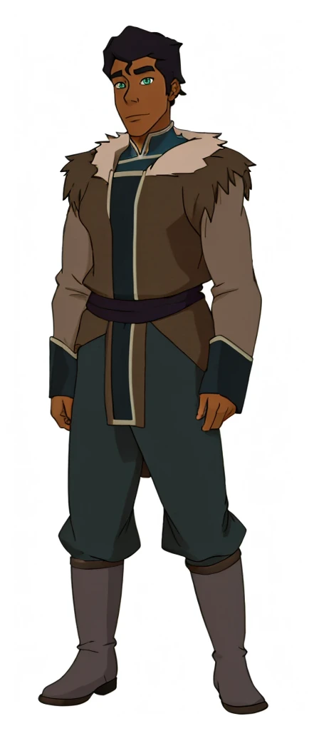 African-American, Bolin, water tribe traditional clothing mixed of blue and purple, with fur in shoulders and neck. Long sleeve, skinny, water tribe outfit. The character is wearing a blue, short-sleeved tunic with gold trim and fastenings down the front and fur collar, and fur on the shoulders. He has on dark purple pants tucked into knee-high boots. A green sash is tied around his waist. The overall style appears to be inspired by traditional East Asian clothing designs.