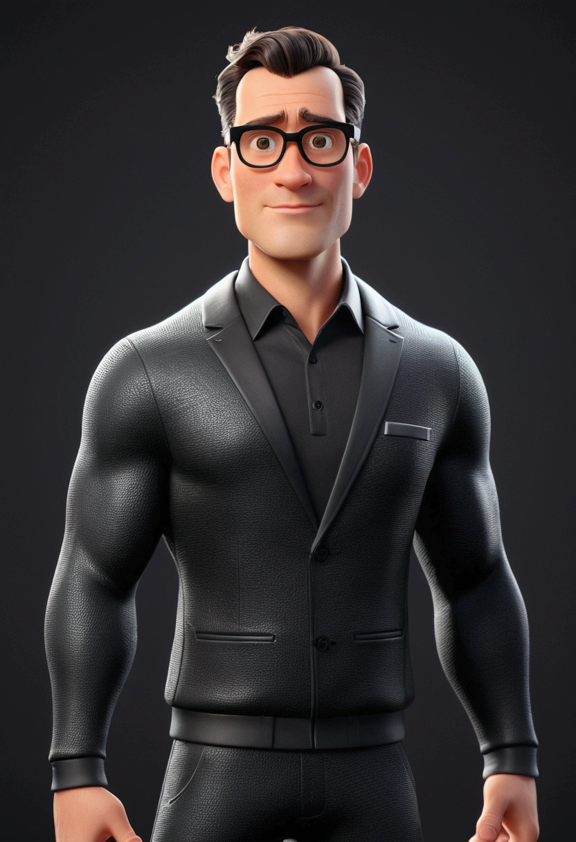 Cartoon character of a man in black strut glasses and sports suit, animation character, stylized character, animation style rendering, 3d stylized, Arnold Maya rendering, Stylized 3D rendering, toon render screenshot, 3d character, 3d character, Stylized 3D rendering, 3D character rendering, cartoon character, Personagem de close up, character posing,  (Pixar-style) (master part:1.2) (bokeh) (best qualityer) (skin detailed) (detailed texture) (8k) (Argilla) (cinematic lighting) (sharp focus