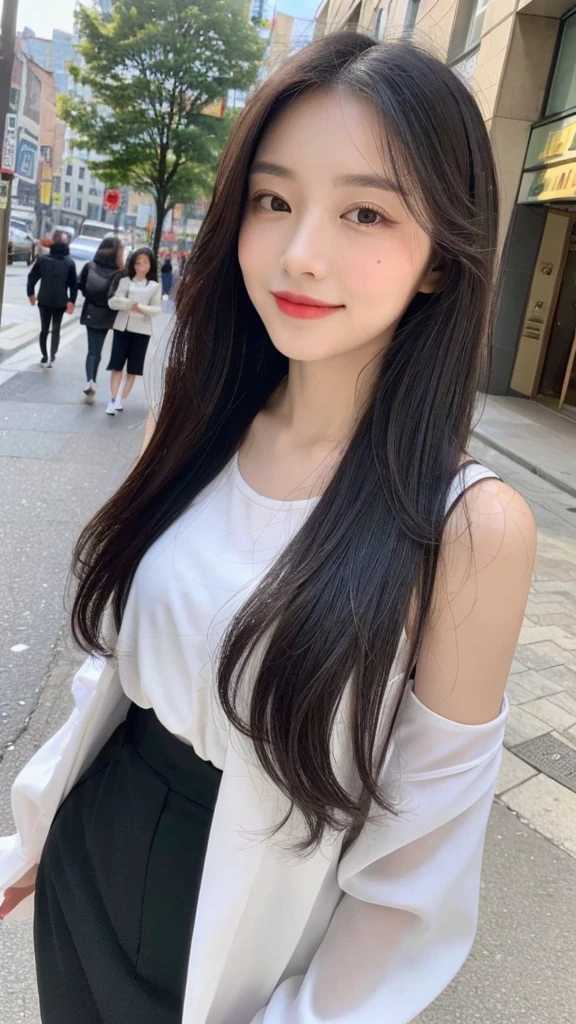 (top quality, 8K, masterpiece:1.3)), A pretty maiden，pure，oval face，Gentle and cute，sweet smile，pure，thin body，(Street)，looking directly into the camera，inner strength, formal，Black silky long, layered long hair，Long hair spread over shoulders，big deal, round, black eyes，clear big eyes，Hydrated red lips，Sweet，stand, Photographed in the city,