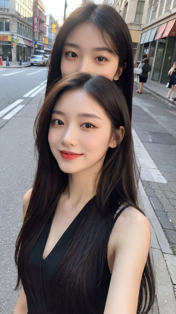 (top quality, 8K, masterpiece:1.3)), A pretty maiden,pure,oval face,Gentle and cute,sweet smile,pure,thin body,(Street),looking directly into the camera,inner strength, formal,Black silky long, layered long hair,Long hair spread over shoulders,big deal, round, black eyes,clear big eyes,Hydrated red lips,Sweet,stand, Photographed in the city,