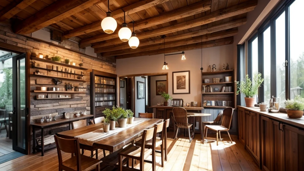 Design a cozy and eclectic dining area that combines modern and rustic elements. The room is equipped with a wooden dining table and々Has a chair。, Includes modern and rustic styles. On the wall々Framed artwork on display、The shelves are filled with books and ornaments.。. A unique pendant light hangs above the table., Provides warm lighting. Place potted plants on the table and around the room.、Bring nature indoors。. Make sure the space is well lit with natural light, Create a cozy atmosphere.