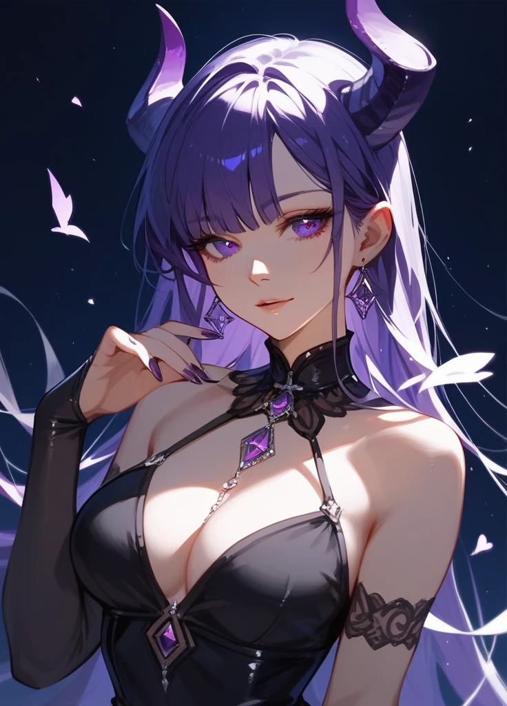 (score_9,score_8_superior,score_7_superior),One girl,Girl Devil,Purple hair,Purple Eyes、wing,nail,Black Dress,beautiful_face,