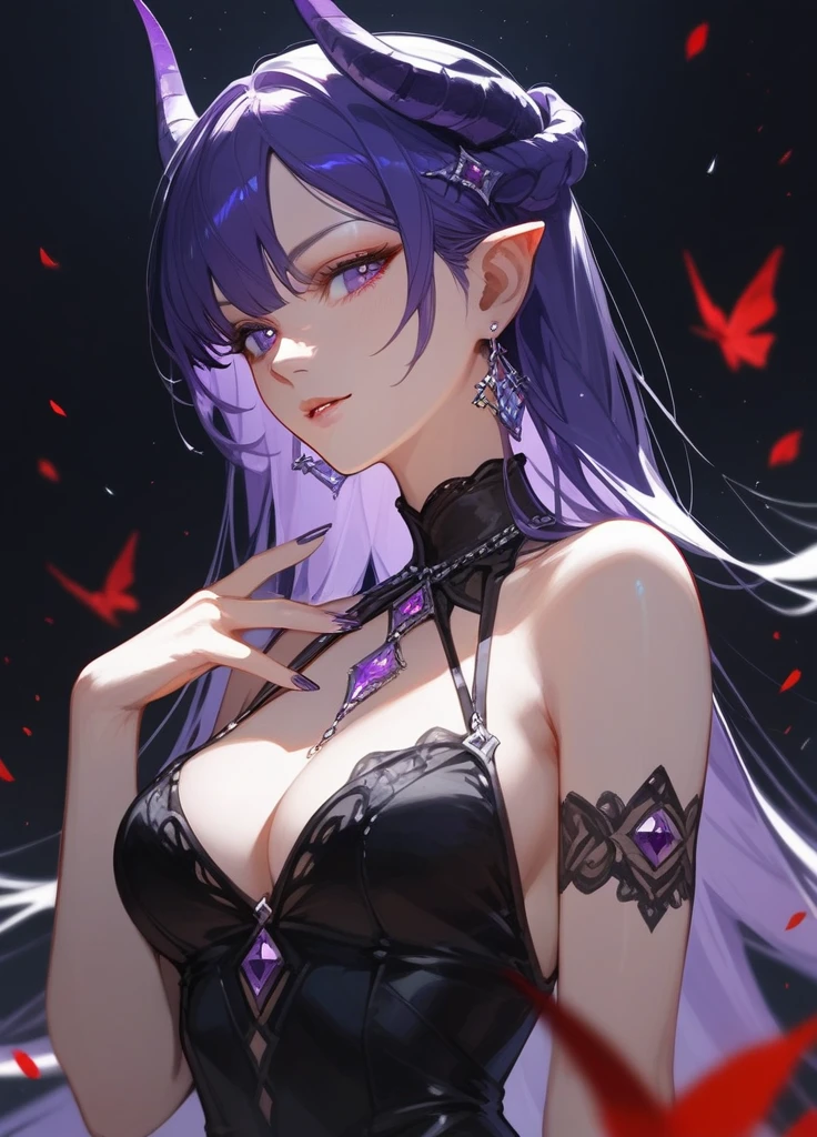 (score_9,score_8_superior,score_7_superior),One girl,Girl Devil,Purple hair,Purple Eyes、wing,nail,Black Dress,beautiful_face,