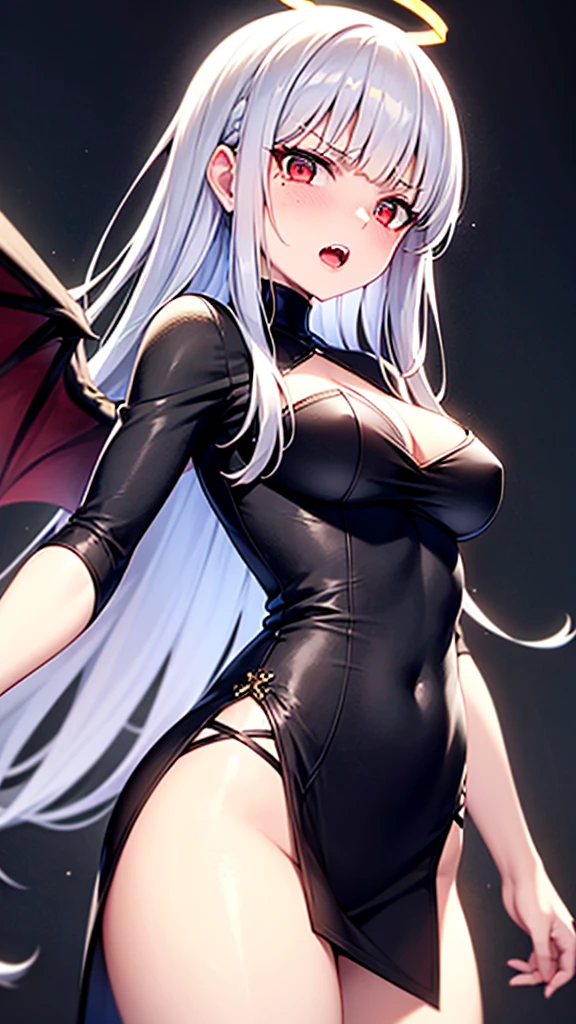 masterpiece, high quality, 4K, HDR, gothic fantasy setting, sharp black horns on the head, a black halo above the head, a woman, grumpy, looking at viewer, open mouth, jagged teeth, intake hairstyle, long hair, blunt cut, blunt bangs, silver hair, red eyes, odd eyes, jitome, pale skin, toned body, medium breasts, beauty mark, with devil wings on back, adult, hard-edged, cowboy shot, from front, front view, from below, low angle shot, moonlight