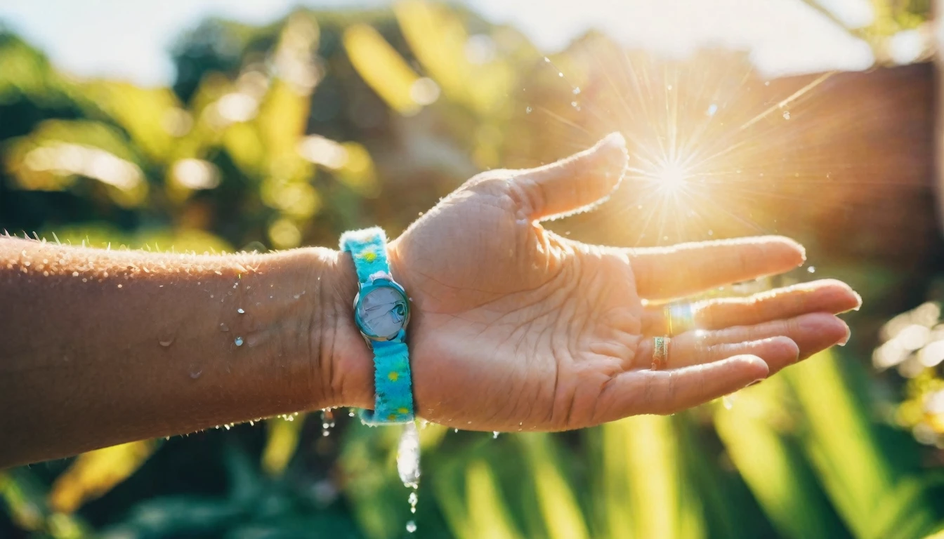 "Close-up of an open palm with sweat glistening in the light, a faded summer festival wristband visible on the wrist"