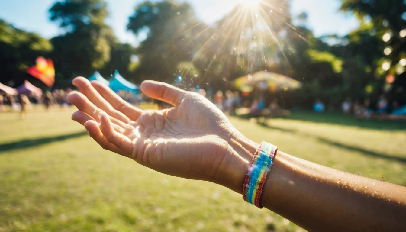 "Close-up of an open palm with sweat glistening in the light, a faded summer festival wristband visible on the wrist"