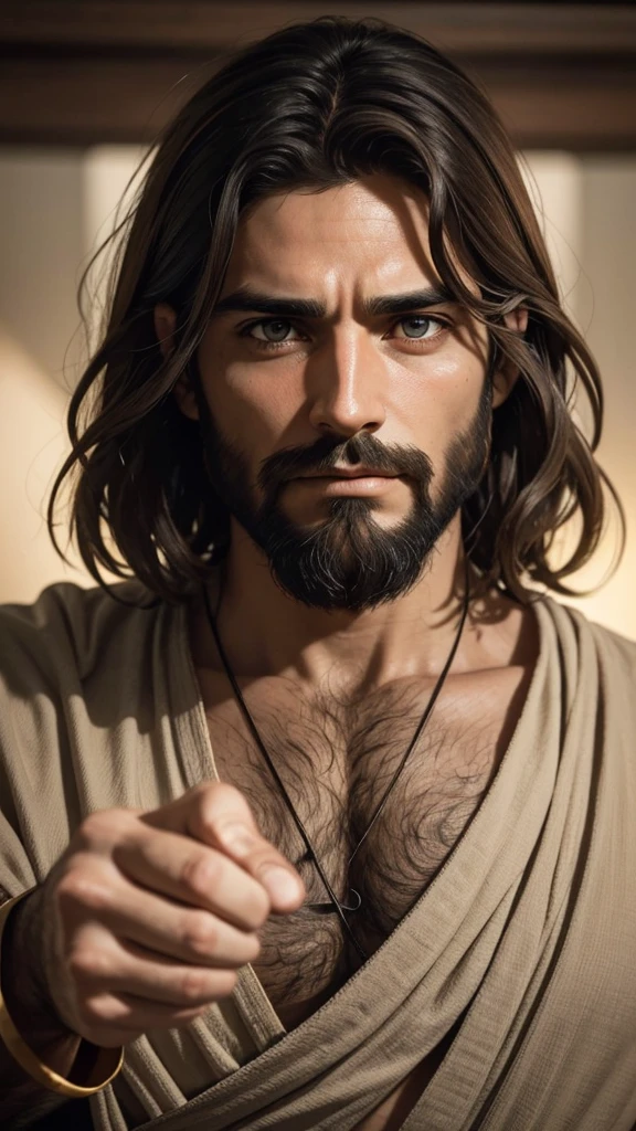 "Create an image of a man who looks like Jesus Christ, with short hair, barba, and a serious expression. It must be pointing directly at the camera. Use natural and soft tones, focusing on the face and pointing hand to create a deep emotional impact.