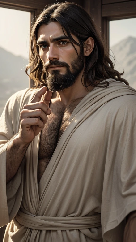  "Create an image of a man who looks like Jesus Christ, with short hair, barba, and a serious expression. It must be pointing directly at the camera. Use natural and soft tones, focusing on the face and pointing hand to create a deep emotional impact.