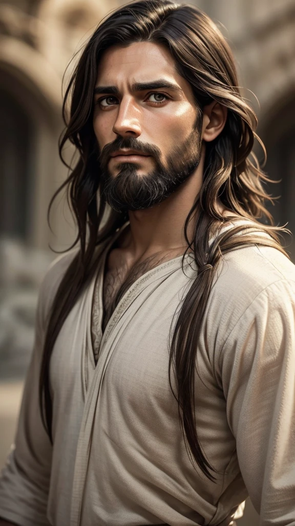  "Create an image of a man who looks like Jesus Christ, with short hair, barba, and a serious expression. It must be pointing directly at the camera. Use natural and soft tones, focusing on the face and pointing hand to create a deep emotional impact.