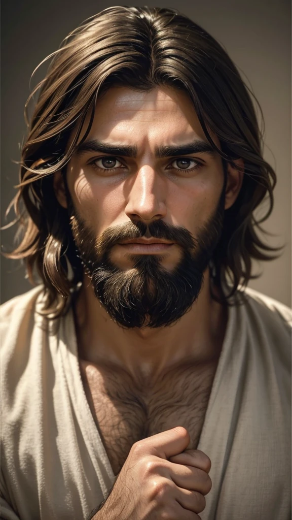 "Create an image of a man who looks like Jesus Christ, with short hair, barba, and a serious expression. It must be pointing directly at the camera. Use natural and soft tones, focusing on the face and pointing hand to create a deep emotional impact.