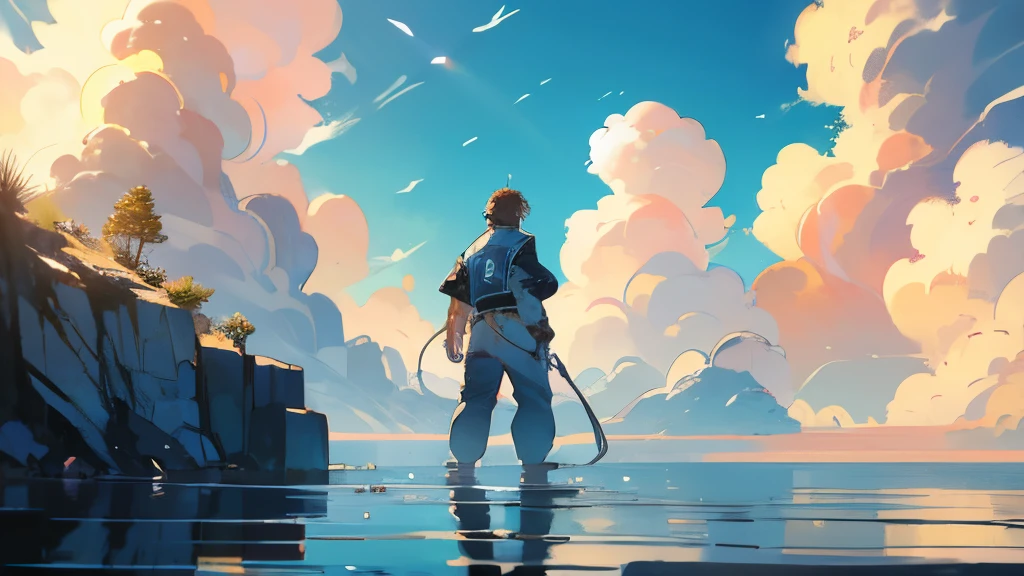 Boy, man, big back, hero-like clothes, cool, cliff, standing on a cliff, water splash, bright sky, sun, NCS, background that can be used for NCS, camera, angle from below