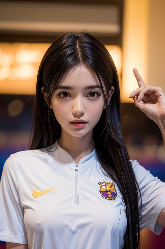 {{{FCBarcelona}}}, {{nike soccer jerseys}}, {{{best quality}}}, {{{realistic}}}, {{{Detailed facial description}}}, realistic 눈동자, Silver long hair, {{beautiful western beauty}}, female, realistic 유니폼 주름, {{{Barcelona}}, {{{soccer stadium}}}, Sponsor&#39;s name is Rakuten, {{{busty}}}, {{{uniform is wet}}}, {{{Nipples are shining}}}, {{{sexy pose}}}, The whole body is visible, missing bottoms