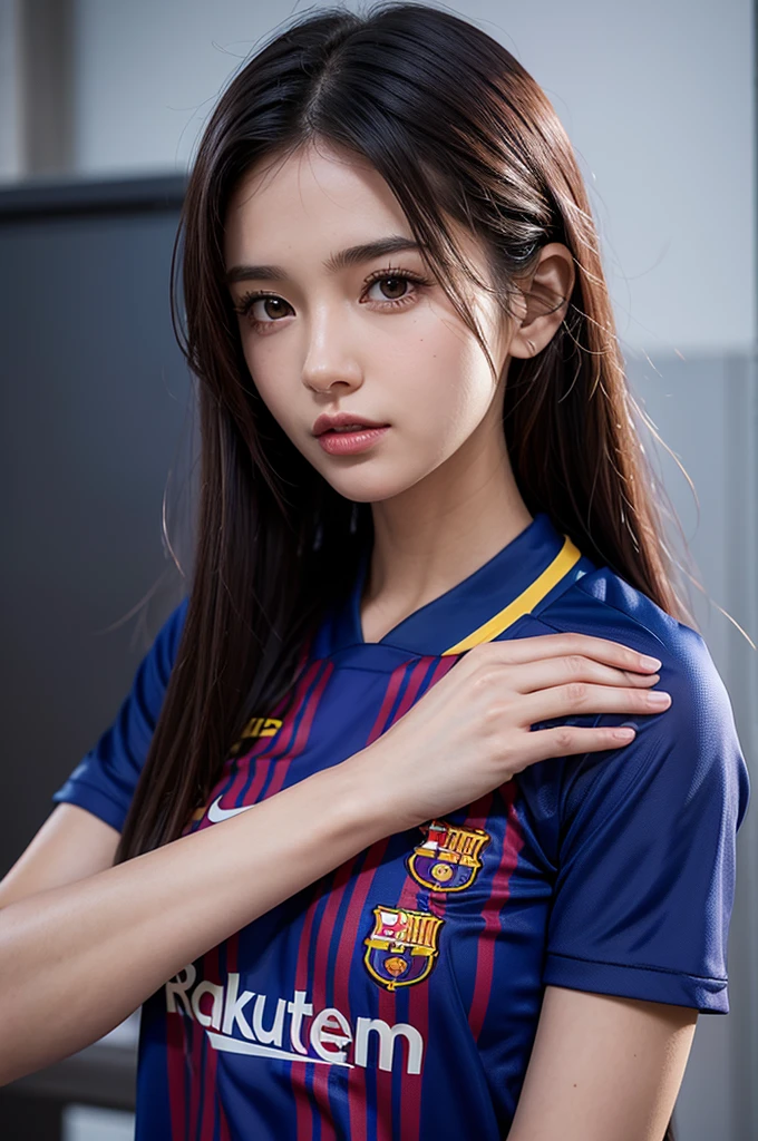 {{{FCBarcelona}}}, {{nike soccer jerseys}}, {{{best quality}}}, {{{realistic}}}, {{{Detailed facial description}}}, realistic 눈동자, Silver long hair, {{beautiful western beauty}}, female, realistic 유니폼 주름, {{{Barcelona}}, {{{soccer stadium}}}, Sponsor's name is Rakuten, {{{}}}, {{{uniform is wet}}}, {{{Nipplshining}}}, {{{sexy pose}}}he whole body is visible, missing bottoms