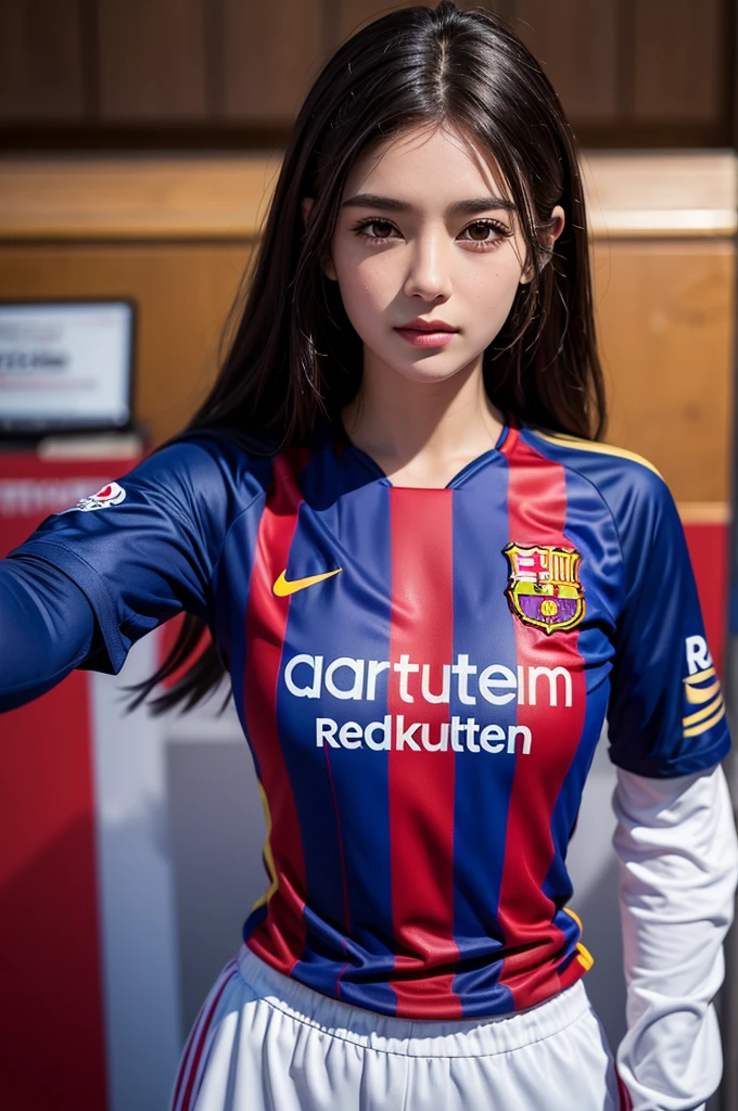 {{{FCBarcelona}}}, {{nike soccer jerseys}}, {{{best quality}}}, {{{realistic}}}, {{{Detailed facial description}}}, realistic 눈동자, Silver long hair, {{beautiful western beauty}}, female, realistic 유니폼 주름, {{{Barcelona}}, {{{soccer stadium}}}, Sponsor&#39;s name is Rakuten, {{{busty}}}, {{{uniform is wet}}}, {{{Nipples are shining}}}, {{{sexy pose}}}, The whole body is visible, missing bottoms