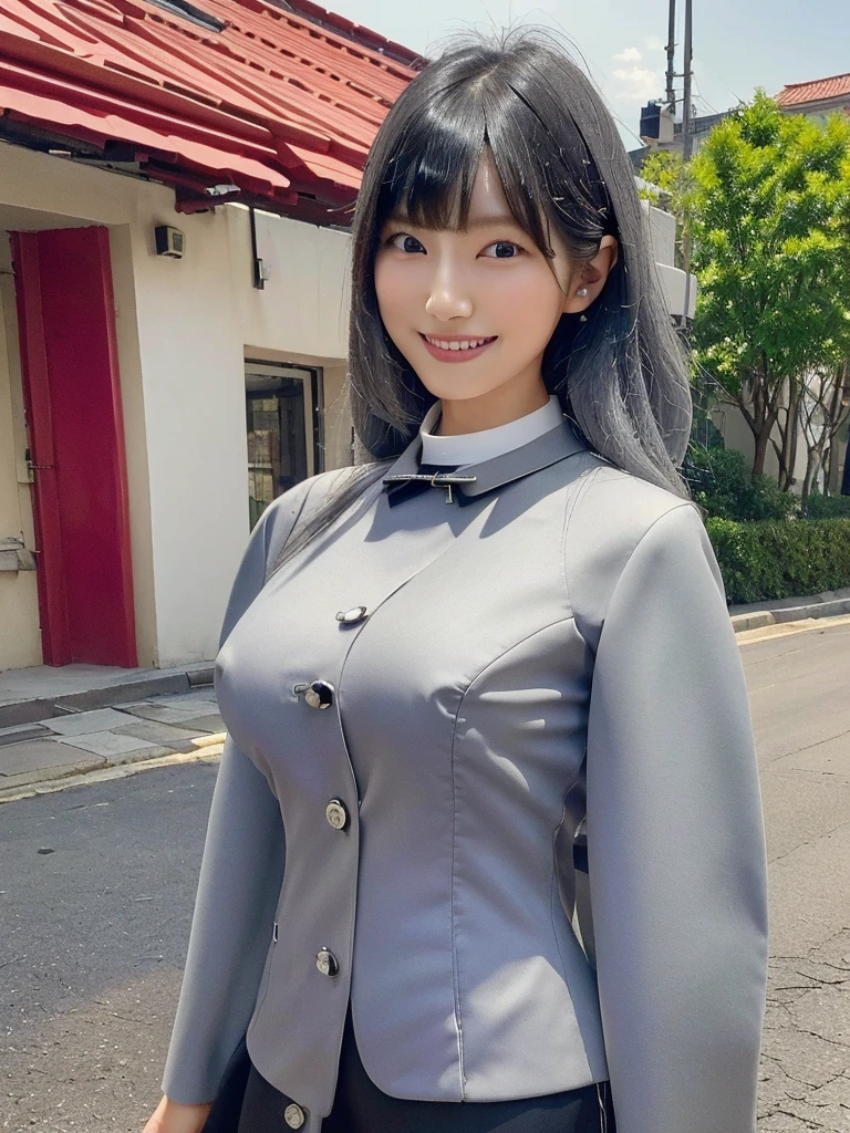 Highest quality、masterpiece、8k、Very detailed、Realistic、(One girl)、(Looking at me with a smile:1.5)、whole body、(Black Hair)、Small face、(Slender:1.2)、(Big Breasts:1.2)、(White business shirt with buttons and a collar:1.2)、(short tight skirt in gray,:1.2)、(Grey business jacket:1.2)