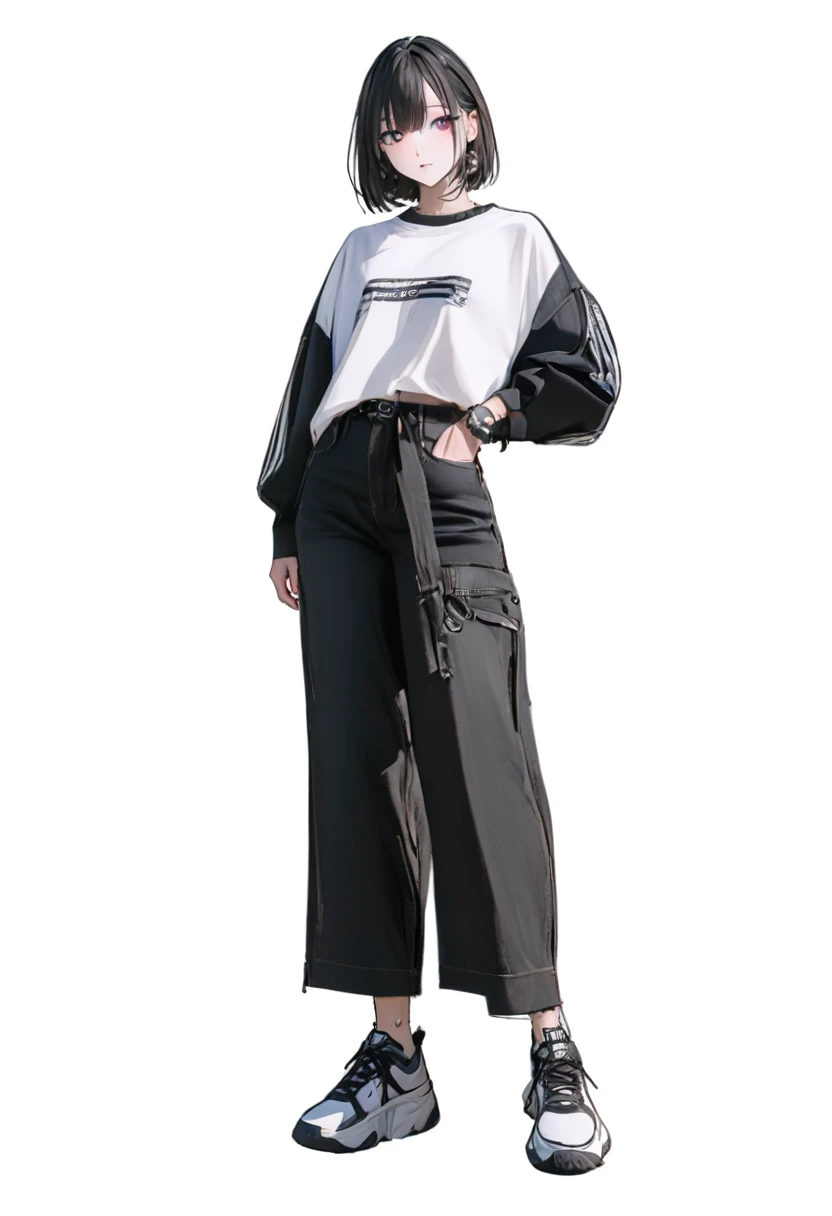 (Best, highest quality: 1.2, 8K), center, full body, 20s, 1 adult female, street style shirt, black wide pants, simple sneakers, simple background, white background, eyes wide, delicate eyes, beautiful eye,