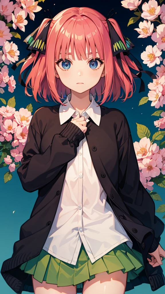 nino nakano, short hair, bangs, blue eyes, hair ornament, hair ribbon, pink hair, blunt bangs, two side up, butterfly hair ornament, collared shirt, green skirt, black cardigan