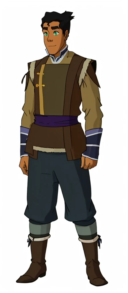 African-American, Bolin, water tribe traditional clothing mixed of blue and purple, with fur in shoulders and neck. Long sleeve, skinny, water tribe outfit. The character is wearing a blue, short-sleeved tunic with gold trim and fastenings down the front and fur collar, and fur on the shoulders. He has on dark purple pants tucked into knee-high boots. A green sash is tied around his waist. The overall style appears to be inspired by traditional East Asian clothing designs.